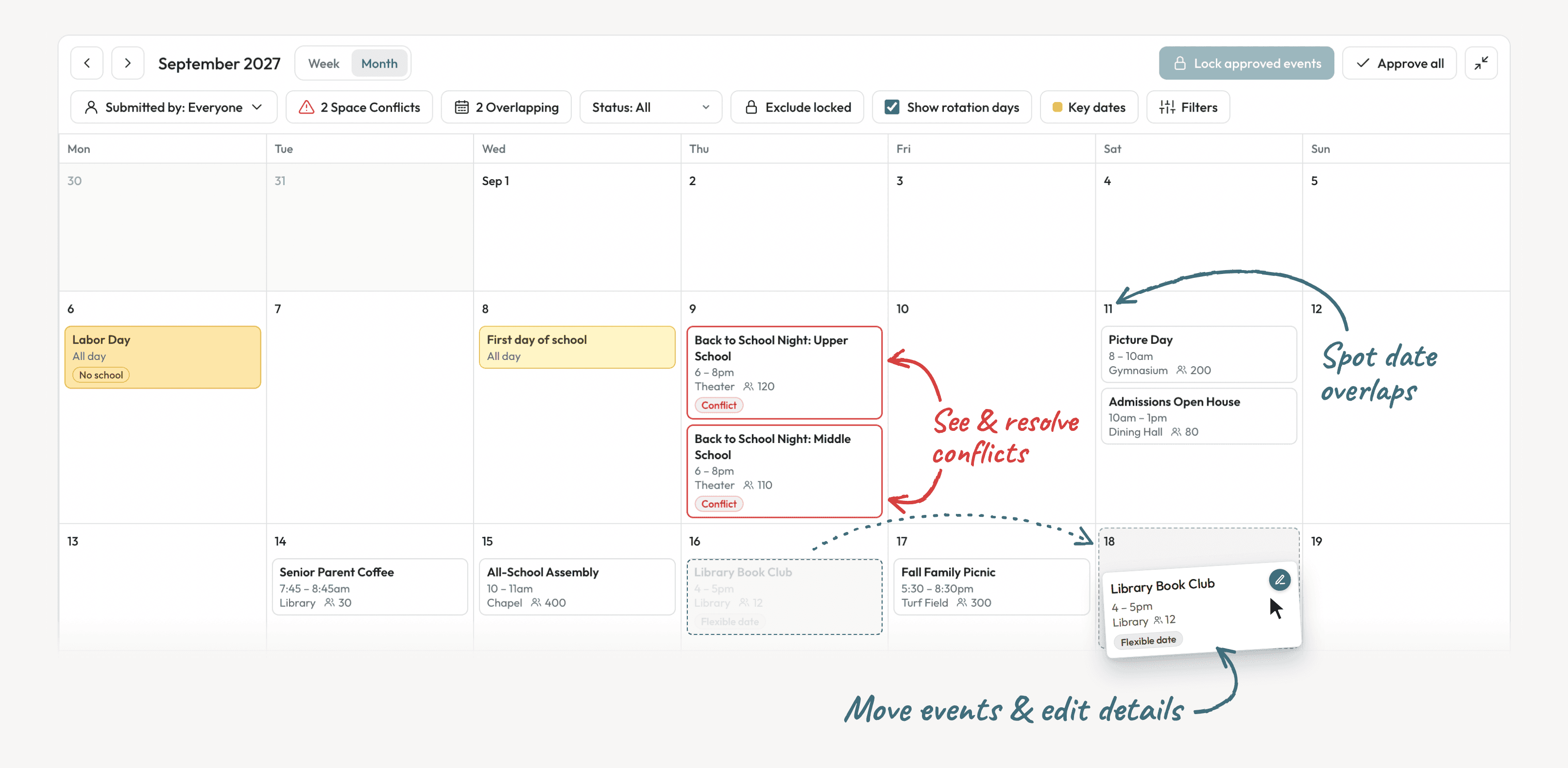 Annual Planning calendar interface showing space conflicts, overlapping events, and drag-and-drop editing